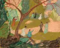 Paul Strecker, Mädchen im Bois de Boulogne, Paris. Wohl späte 1930er Jahre, Mischtechnik auf Karton, auf kräftige weiße Pappe kaschiert