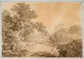 Adrian Zingg, Schloss Gnandstein, vorn pflügende Bauern, Um 1800, Umrissradierung, braun und weiß laviert