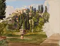 Heinrich Gärtner, Blick auf den Garten des Giusti-Palastes in Verona. Wohl 1856– 1866, Aquarell über Bleistiftzeichnung