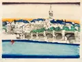 Siegfried Berndt, Die Brücke von St. Cloud, Zwei Farbholzschnitte auf gelblichem Japanbütten, vollflächig zwischen zwei hauchdünne Japanpapiere gelegt