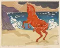 Siegfried Berndt, Springendes Pferd am Gestade, Um 1930, Farbholzschnitt auf gelblichem Japan
