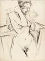 Kurt Fiedler, (zugeschr.), Stehender weiblicher Akt. Wohl um 1911, Kohlestiftzeichnung auf gelblichem "Ingres d.Arches"-Maschinenbütten