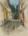 Gotthardt Kuehl, Gasse in Überlingen. 1903– 1907, Gouache, farbige Kreide und Kohlestift auf Malpappe