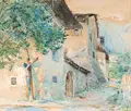 Robert Sterl, Gehöft mit Wegekreuz in Eppan (Südtirol), 1917, Aquarell, farbige Kreiden und Deckweiß auf Papier