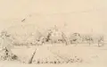 Oskar Zwintscher, Blick über die Gärten bei Diesbar, 1892, Bleistiftzeichnung auf gelblichem Papier