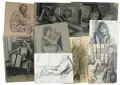 Lutz Fleischer, Neun Figuren- und Aktdarstellungen. 1970er/1980er Jahre, Neun Grafitzeichnungen auf verschiedenen Papieren