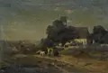 Carl Julius Emil Ludwig, Sommernacht (Kirchhof an der Landstraße mit vorbeifahrendem Postwagen), Öl auf Leinwand