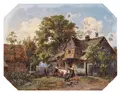 Wilhelm Heinrich Schneider, Viehaustrieb aus dem Dorfe, 1887, Öl auf leichtem Karton mit Trockenstempel "E