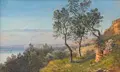 Adalbert Waagen, Uferlandschaft am Gardasee. Wohl 1860er -1890er Jahre, Öl auf Malpappe