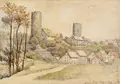 Ludwig Friedrich, Burgruine Kohren bei Altenburg / Bei Rochsburg, 1845/1848, Zwei Bleistiftzeichnungen, eine Arbeit mit Sepiazeichnung, aquarelliert, auf Bütten, die andere weiß gehöht, auf braunem Papier