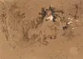 Ludwig Richter, Ritt durch den Wald, Federzeichnung in graubrauner Tusche und Aquarell über Bleistiftzeichnung, partiell weiß gehöht, auf braunem "E CANSON"-Papier, vollflächig auf sehr kräftigen U