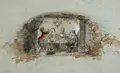 Max Rade, (zugeschr.), Kinder in höfischer Tracht beim Gelage. 2. H. 19. Jh, Aquarell und Kreidezeichnung über Blei, weiß gehöht, auf bläulich-grauem Papier