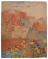Anton Emanuel Peschka, Blick über den sommerlichen Garten auf eine Kleinstadt (Linz?). Wohl 1920er Jahre, Aquarell