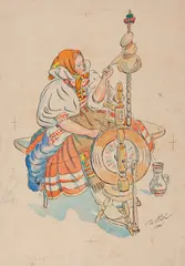 Jan Hála, PRIADKA, 1941, Tuš, akvarel na papieri