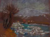 Janko Alexy, KRAJINA S RIEKOU (VÁH), OKOLO 1940, Pastel na papieri