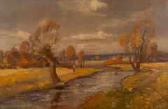Max Schurmann, PRI RIEKE NITRA, OKOLO 1920, Olej na plátne, upevnené na lepenke