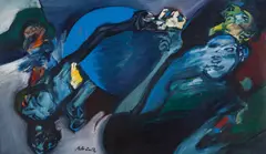 ROZHOVOR by Vincent Hložník, OKOLO 1990, Olej, kombinovaná technika na kartóne, sold Dec 2025