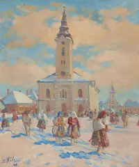 Jan Hála, EVANJELICKÝ KOSTOL VO VAŽCI (Z KOSTOLA), 1946, Olej na plátne