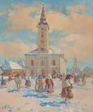 Jan Hála, EVANJELICKÝ KOSTOL VO VAŽCI (Z KOSTOLA), 1946, Olej na plátne