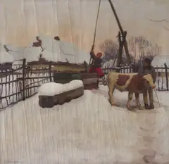 Jozef Teodor Mousson, V ZIME PRI STUDNI, OKOLO 1930, Olej na plátne