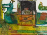ZABRZDENÝ KOLOTOČ (OBOJSTRANNE MAĽOVANÉ) by Sabová-džuppová Jarmila, 2017, Akryl, uhlík, olejový pastel na preglejke, sold Jun 2025