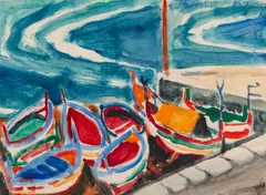 LOĎKY V PRÍSTAVE CEFALÚ by Ernest Zmeták, 1964, Tempera na papieri, sold Jun 2025