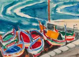Ernest Zmeták, LOĎKY V PRÍSTAVE CEFALÚ, 1964, Tempera na papieri
