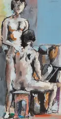 Koloman Sokol, DVOJICA V ATELIÉRI, OKOLO 1960, Tempera, fixka, tuš, gvaš na papieri