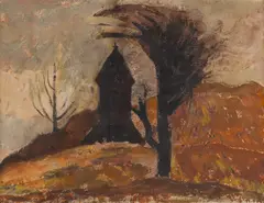 Miloš Alexander Bazovský, JESENNÁ KRAJINA S KOSTOLOM, OKOLO 1947 – 1950, Gvaš na papieri