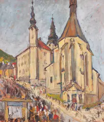 Jozef Kollár, PRED KOSTOLOM SV. KATARÍNY V BANSKEJ ŠTIAVNICI, OKOLO 1940 – 1945, Olej na plátne