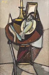 Vincent Hložník, ZÁTIŠIE S RYBOU, OKOLO 1947 – 1949, Olej, pieskovanie na kartóne,