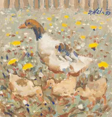 Jan Hála, HUS S HÚSATKAMI, 1957, Olej na plátne, dublované na kartóne