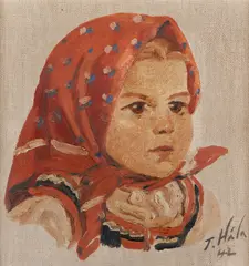 Dievčatko v červenej šatke (Anička) by Jan Hála, 1942, Olej na plátne, kašírované na kartóne, sold Jun 2024