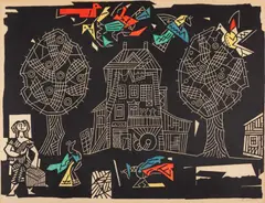 Ľudovít Fulla, Vtáčia krajina, 1961, Ručne kolorovaný linoryt na papieri, 187/200