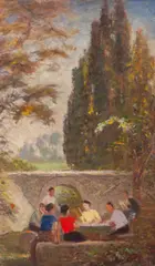 Max Schurmann, Študenti v parku, okolo 1920, Olej na dreve