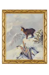 Karl Sovanka, Kamzík na skale, okolo 1930, Olej na plátne napnutom na kartóne
