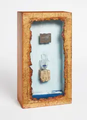 Joseph Cornell, Sandsifter Box, 1952, wood box construction with acrylic, cork, glass, lead, metal, printed paper collage and blue glass beads