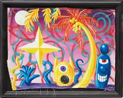 Coconut Star by Kenny Scharf, 1984, acrylic and spray paint on unstretched canvas with steel nails, in artist's frame, sold Jul 2020