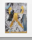 Korakrit Arunanondchai, My trip to the White Temple 10, 2013, denim on digital printed canvas with foil stamping