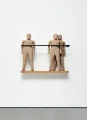 Juan Muñoz, Three Figure Balcony, 1990, terracotta, wooden base and metal bar, in 5 parts
