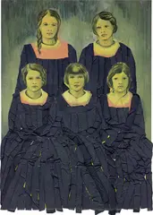 Claire Tabouret, The School Smocks, 2016, acrylic and fabric on canvas