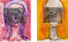 Huma Bhabha, Two works: (i-ii) Untitled, 2014, (i-ii) ink, pastel and collage on paper