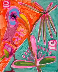 Toucan green/orange by Katherine Bernhardt, 2016, acrylic and spray paint on canvas, sold Sep 2020