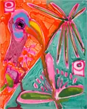 Toucan green/orange by Katherine Bernhardt, 2016, acrylic and spray paint on canvas, sold Sep 2020