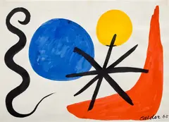 Blue and Yellow Spheres by Alexander Calder, 1965, gouache and ink on paper, sold Sep 2020