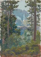 Rock Face through the Trees; Mountain Lake; A Stand of Trees in the Mountains (a group of three) by Gottardo Piazzoni, sold Apr 2021