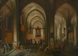 Pieter Neefs II, Figures in a church interior, oil on panel