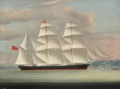 Anglo-Chinese School, A British clipper ship offshore with an American paddle steamer behind, oil on canvas