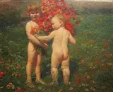 Évariste Carpentier, Children in a flowering meadow, oil on canvas