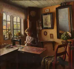 Bertel Hansen-Svaneke, A cottage interior with a woman seated with her sewing machine, oil on canvas